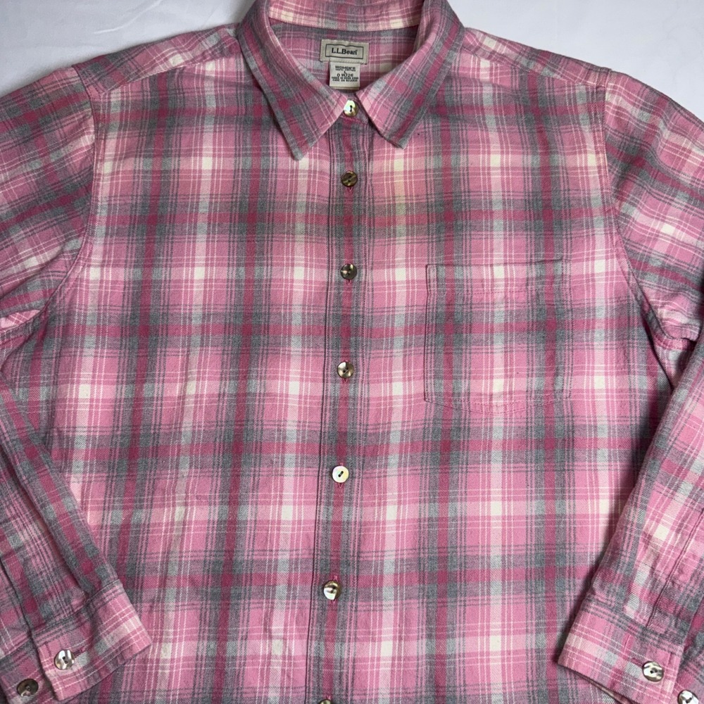 LL Bean Womens Large Pink Plaid Flannel Shirt Cotton Button Down Long Sleeve
